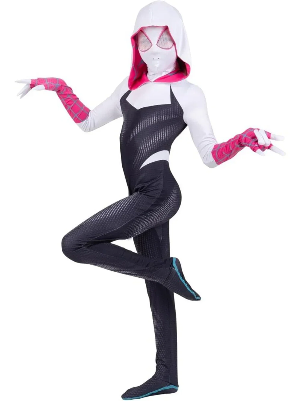 Youth Spider-Gwen Costume - Hooded Spandex Jumpsuit & Mask, Fun Superhero Outfit